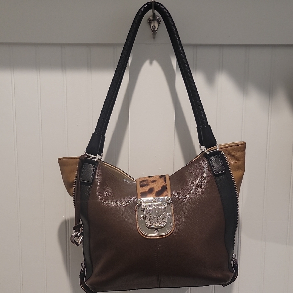 Brighton Ali Side Zip Tote Brown & Tan Leather Leopard Print Haircalf H3481M